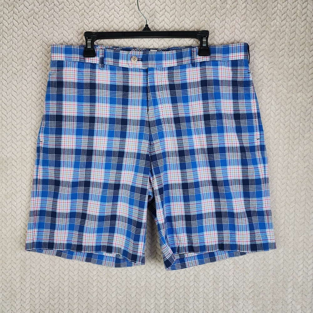 Peter Millar Crown Comfort Plaid Chino Shorts Mens 38 Blue White Red Cotton